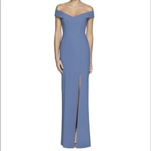 Dessert Collection Off-the-shoulder Criss Cross Back Trumpet Gown in periwinkle